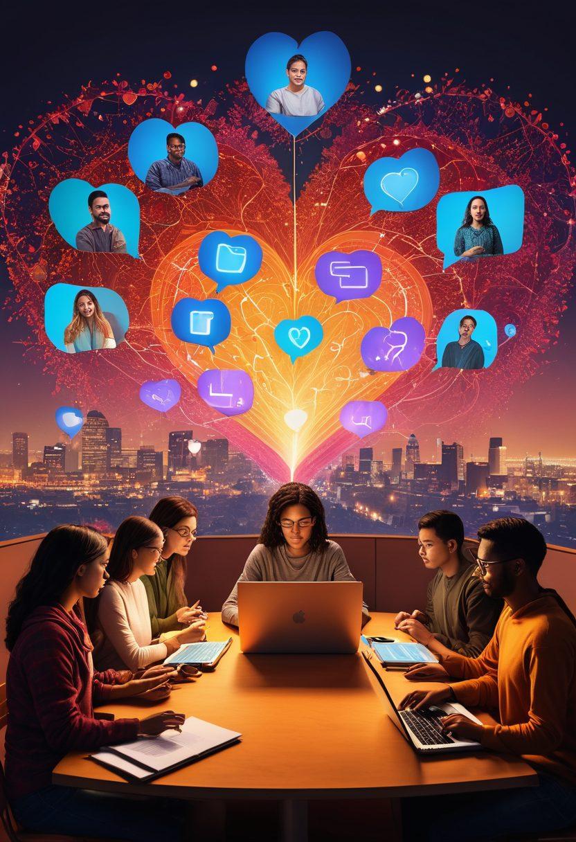 A vibrant collage depicting diverse individuals sharing personal stories online, surrounded by glowing heart symbols and interconnected community nodes. The scene includes laptops, smartphones, and speech bubbles filled with narrative snippets, symbolizing rich personal experiences. In the background, a digital landscape showcases a tapestry of interconnected lives, emphasizing the warmth of community connection in the blogosphere. super-realistic. vibrant colors. 3D.